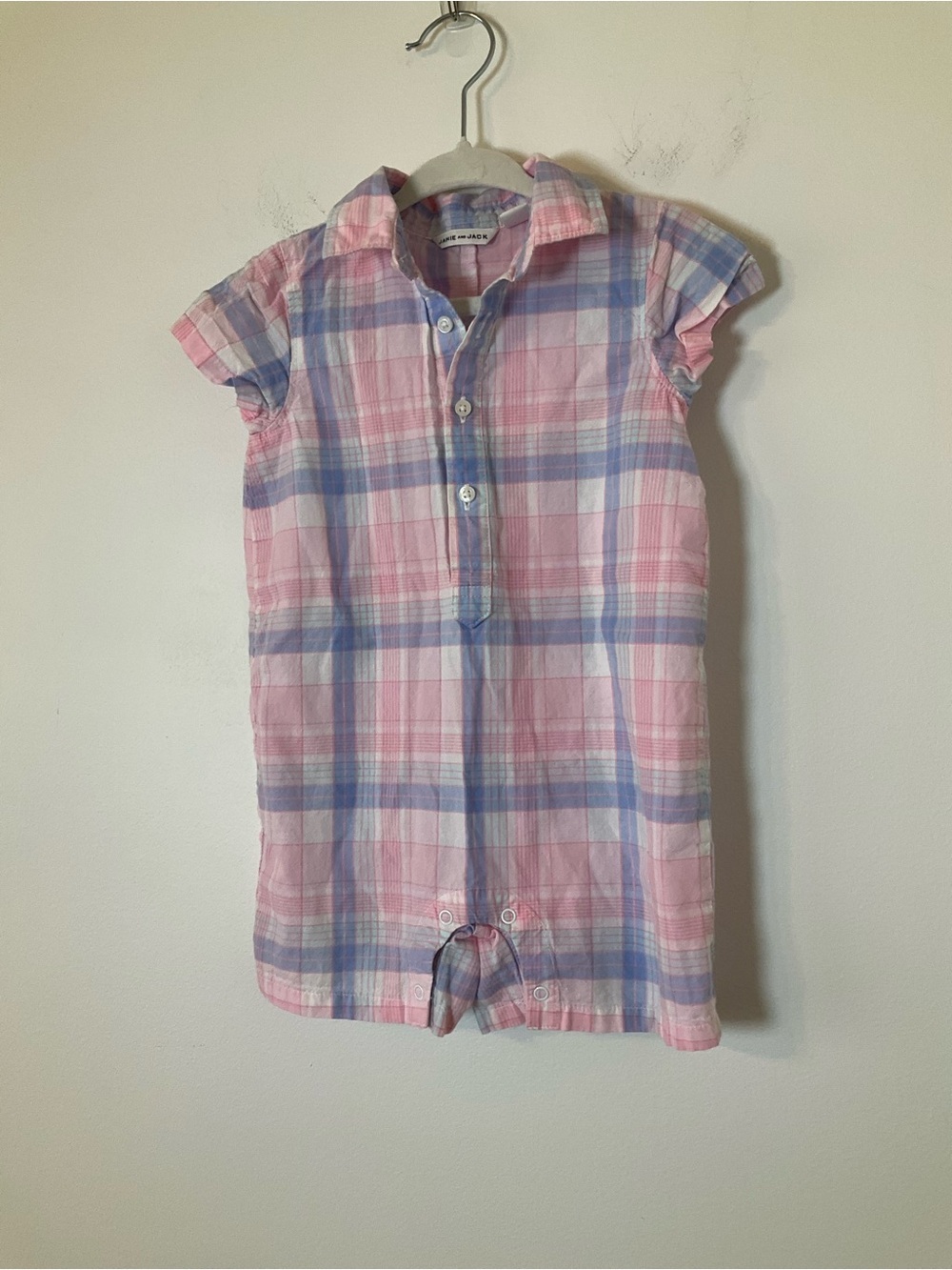 Janie and Jack Plaid Romper 12-18 Months Pink Blue Cotton